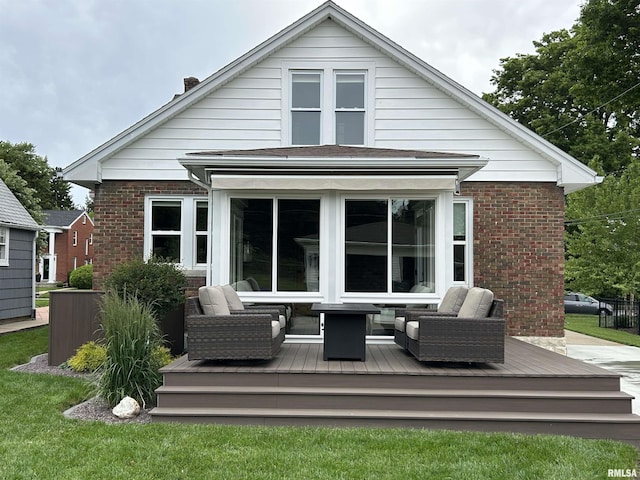 321 S 23rd St, Quincy, IL 62301 - back of house with a wooden deck, brick siding, an outdoor living space, and a chimney