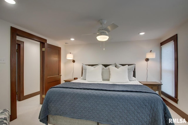 321 S 23rd St, Quincy, IL 62301 - bedroom featuring light carpet, baseboards, recessed lighting, and a ceiling fan