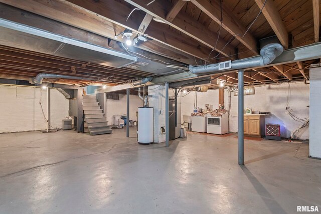 1622 W Cook St, Springfield, IL 62704 - unfinished below grade area featuring washer and dryer, water heater, stairway, and heating unit