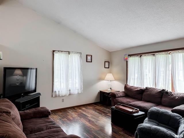 1666 Outrigger Rd, Galesburg, IL 61401 - living area with lofted ceiling, dark wood-style flooring, baseboards, and a textured ceiling