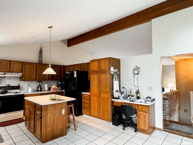 1666 Outrigger Rd, Galesburg, IL 61401 - kitchen featuring range with electric stovetop, under cabinet range hood, freestanding refrigerator, light countertops, and a desk
