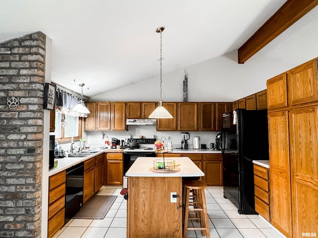 1666 Outrigger Rd, Galesburg, IL 61401 - kitchen featuring black appliances, a sink, light tile patterned floors, light countertops, and under cabinet range hood