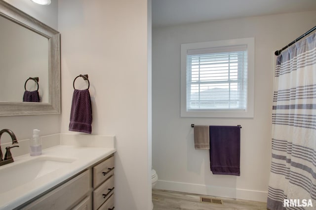 4619 Trinity Lakes Dr, Quincy, IL 62305 - bathroom with vanity, toilet, wood finished floors, baseboards, and a shower with shower curtain