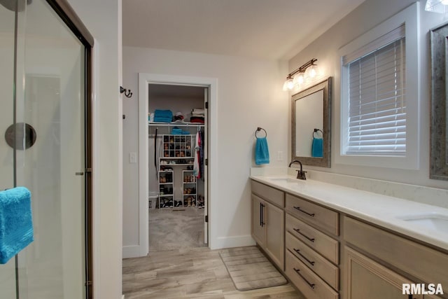 4619 Trinity Lakes Dr, Quincy, IL 62305 - bathroom featuring wood finished floors, double vanity, a stall shower, and a spacious closet