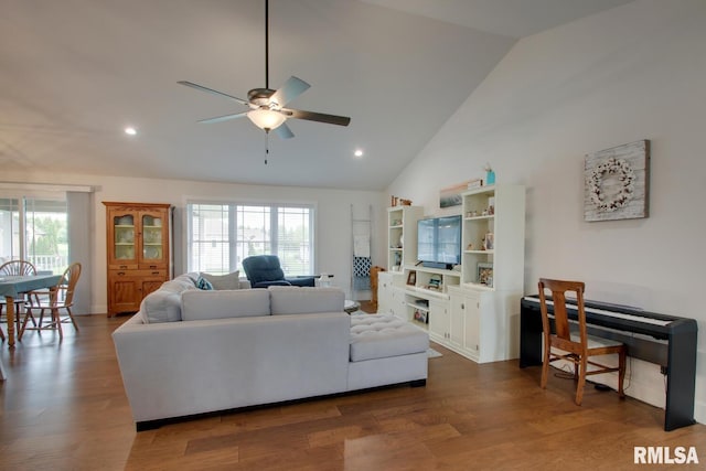 4619 Trinity Lakes Dr, Quincy, IL 62305 - living room featuring ceiling fan, high vaulted ceiling, wood finished floors, and recessed lighting
