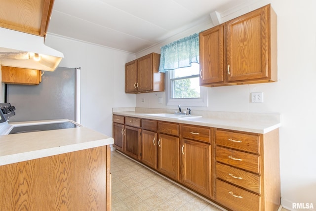 1520 W Losey St, Galesburg, IL 61401 - kitchen with stove, a sink, light countertops, light floors, and crown molding