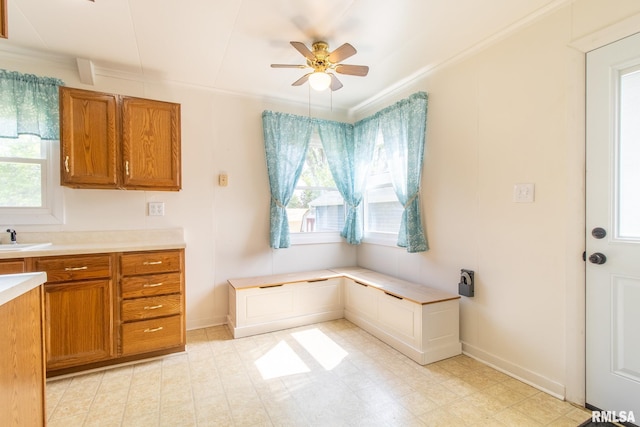 1520 W Losey St, Galesburg, IL 61401 - kitchen with brown cabinets, ceiling fan, light countertops, ornamental molding, and baseboards