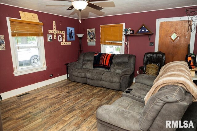 607 E 3rd St, Kinmundy, IL 62854 - living area with a ceiling fan and wood finished floors
