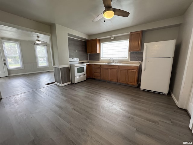 1248 N Ledlie Ave, Springfield, IL 62702 - kitchen featuring white appliances, a ceiling fan, light countertops, and dark wood-style flooring