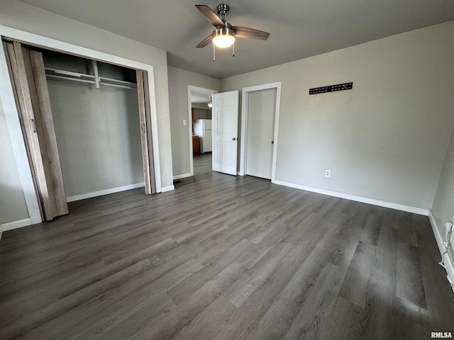 1248 N Ledlie Ave, Springfield, IL 62702 - unfurnished bedroom with baseboards, dark wood-style flooring, a closet, and ceiling fan