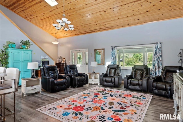 4101 N 8th St, Springfield, IL 62707 - living area featuring a chandelier, high vaulted ceiling, wood finished floors, and wooden ceiling