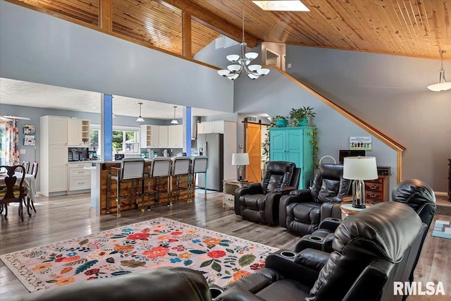 4101 N 8th St, Springfield, IL 62707 - living area with a chandelier, wooden ceiling, light wood-style floors, and high vaulted ceiling