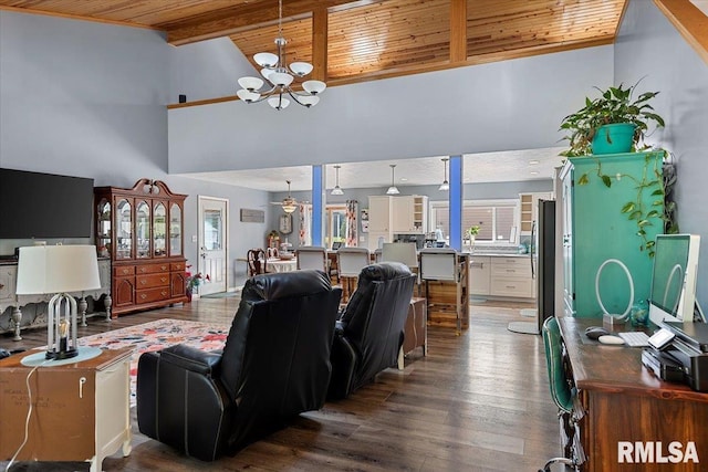 4101 N 8th St, Springfield, IL 62707 - living room featuring wooden ceiling with exposed beams, a chandelier, wood finished floors, and high vaulted ceiling