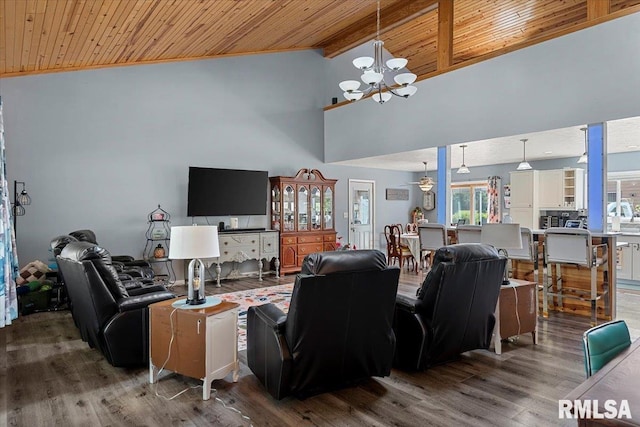 4101 N 8th St, Springfield, IL 62707 - living area with wood ceiling with exposed beams, a chandelier, wood finished floors, high vaulted ceiling, and ceiling fan