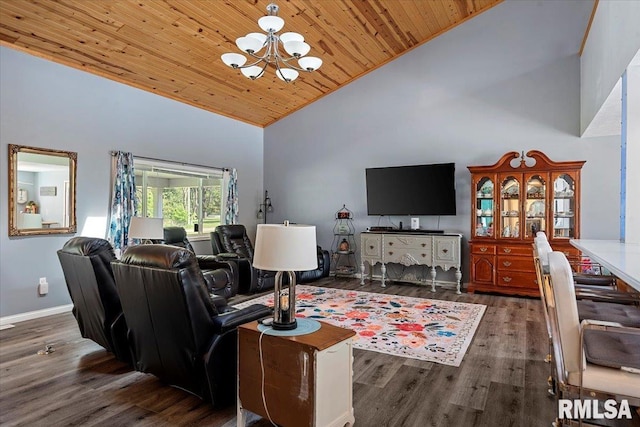 4101 N 8th St, Springfield, IL 62707 - living room with high vaulted ceiling, a chandelier, wood finished floors, wood ceiling, and baseboards