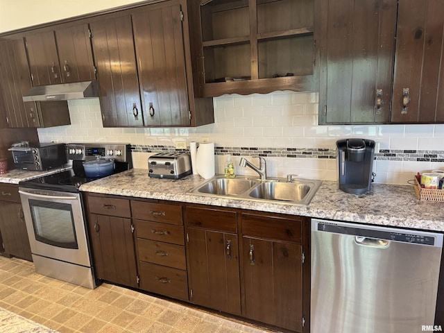 18382 N Quiver Beach Rd, Havana, IL 62644 - kitchen featuring appliances with stainless steel finishes, under cabinet range hood, a sink, open shelves, and backsplash