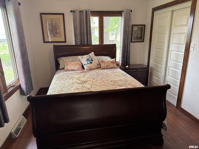 18382 N Quiver Beach Rd, Havana, IL 62644 - bedroom with dark wood-style floors, a closet, and baseboards