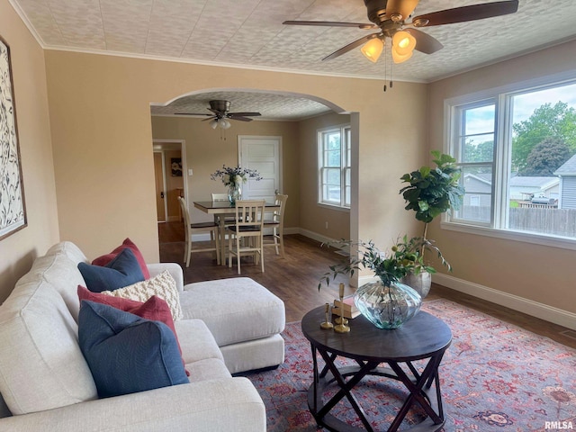 1106 S 19th St, Quincy, IL 62301 - living room featuring arched walkways, a ceiling fan, wood finished floors, crown molding, and baseboards