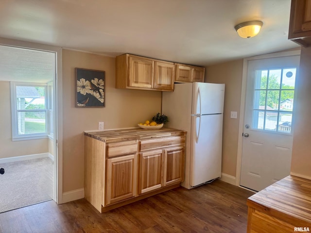1106 S 19th St, Quincy, IL 62301 - kitchen featuring dark wood finished floors, baseboards, light brown cabinets, light countertops, and freestanding refrigerator