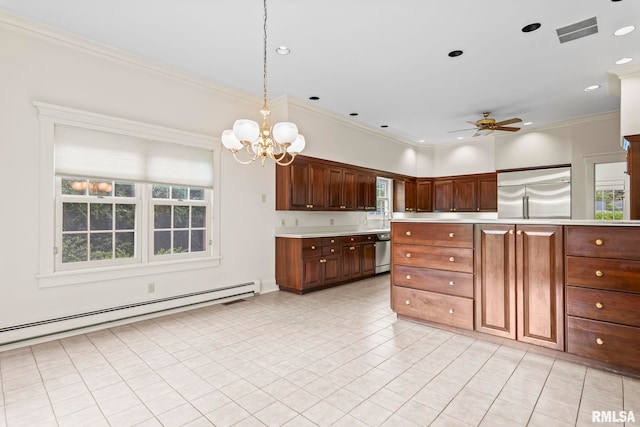 1044 Williams Blvd, Springfield, IL 62704 - kitchen with appliances with stainless steel finishes, light countertops, baseboard heating, ceiling fan, and a chandelier