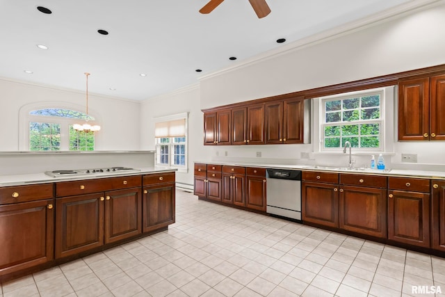 1044 Williams Blvd, Springfield, IL 62704 - kitchen featuring stainless steel dishwasher, light countertops, a ceiling fan, crown molding, and white electric cooktop
