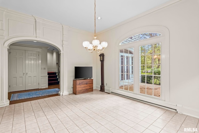 1044 Williams Blvd, Springfield, IL 62704 - unfurnished living room featuring baseboard heating, arched walkways, light tile patterned floors, a chandelier, and crown molding