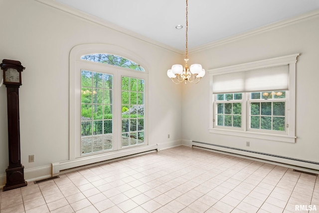 1044 Williams Blvd, Springfield, IL 62704 - spare room with baseboard heating, a chandelier, ornamental molding, light tile patterned flooring, and baseboards
