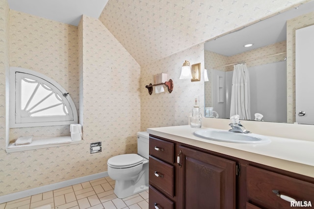 1044 Williams Blvd, Springfield, IL 62704 - bathroom with vanity, toilet, wallpapered walls, and a shower with shower curtain