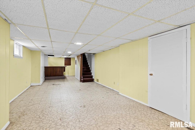 1708 Holmes Ave, Springfield, IL 62704 - basement with a bar, stairway, a drop ceiling, and baseboards