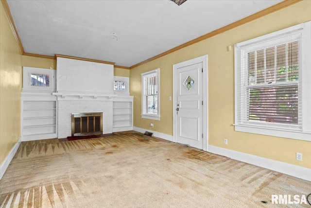1708 Holmes Ave, Springfield, IL 62704 - unfurnished living room with carpet flooring, baseboards, ornamental molding, and a fireplace