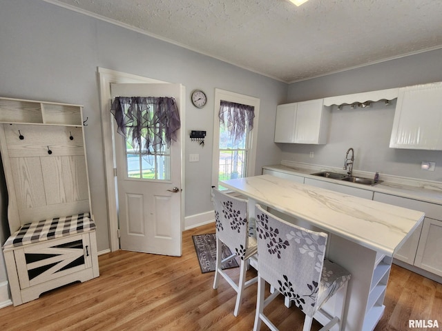 228 4th St, Lincoln, IL 62656 - kitchen with a sink, light wood-type flooring, ornamental molding, a textured ceiling, and light stone counters