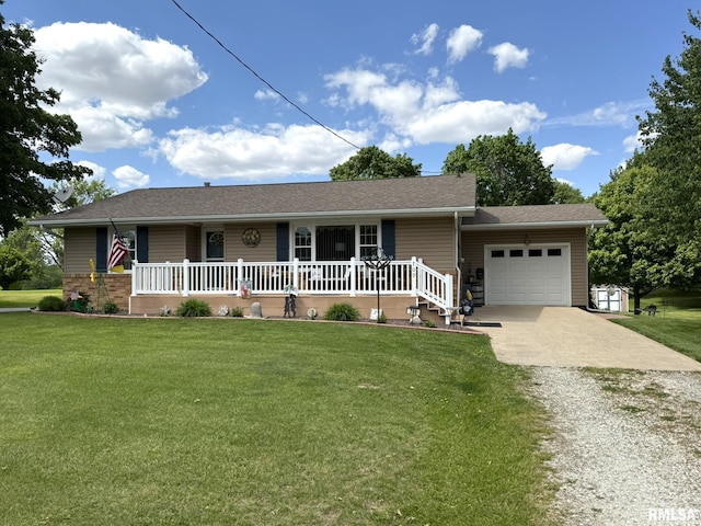 709 W Monmouth St, Abingdon, IL 61410 - ranch-style house with a porch, gravel driveway, an attached garage, and a front yard