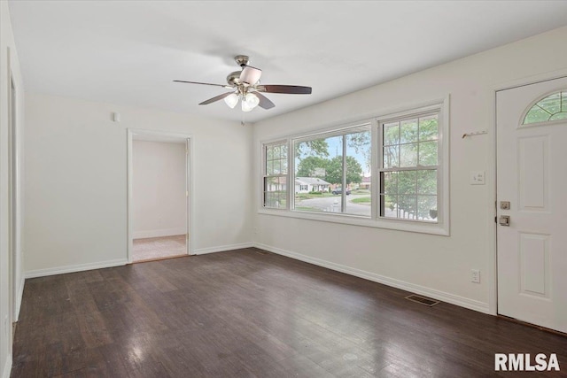 3225 Saxony Rd, Springfield, IL 62703 - entrance foyer with a ceiling fan, dark wood-style flooring, and baseboards