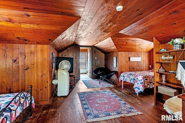 2557 S 6th St, Springfield, IL 62703 - bedroom with wooden ceiling, wood walls, hardwood / wood-style flooring, and vaulted ceiling