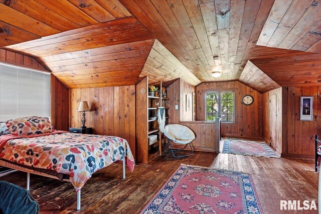 2557 S 6th St, Springfield, IL 62703 - bedroom featuring wooden ceiling, vaulted ceiling, wood-type flooring, and wooden walls