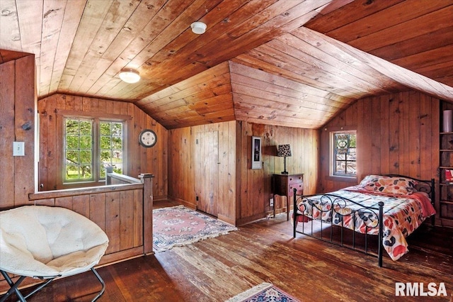 2557 S 6th St, Springfield, IL 62703 - bedroom featuring vaulted ceiling, wood-type flooring, multiple windows, wood walls, and wood ceiling