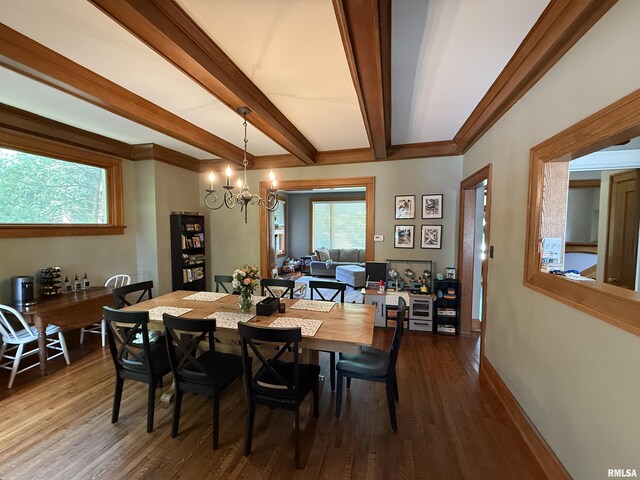 344 S 24th St, Quincy, IL 62301 - dining room with a chandelier, dark wood finished floors, beam ceiling, and baseboards