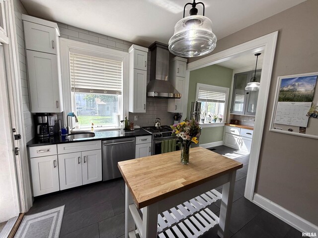 344 S 24th St, Quincy, IL 62301 - kitchen with stainless steel appliances, wall chimney exhaust hood, backsplash, a sink, and healthy amount of natural light