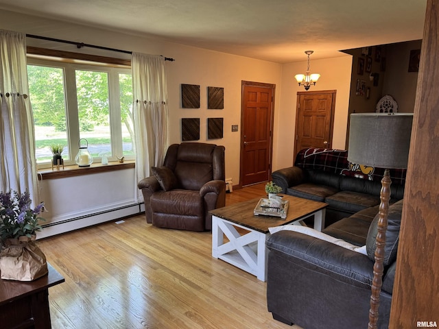 409 N Broadway St, Havana, IL 62644 - living area with a baseboard heating unit, a chandelier, and wood finished floors