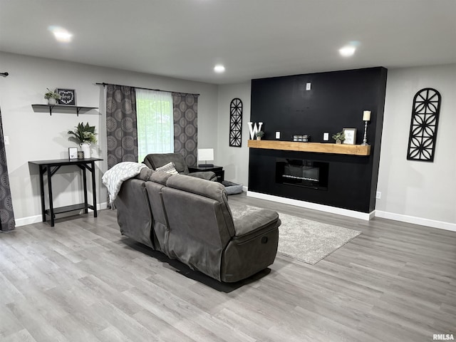 1352 N Lawrence Ave, Taylorville, IL 62568 - living room featuring wood finished floors, a glass covered fireplace, baseboards, and recessed lighting