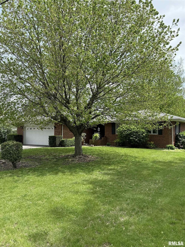 1352 N Lawrence Ave, Taylorville, IL 62568 - obstructed view of property featuring a front lawn, an attached garage, and brick siding