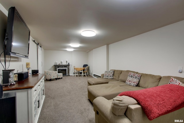 130 S State St, Mendon, IL 62351 - living room with carpet, a barn door, and a baseboard radiator