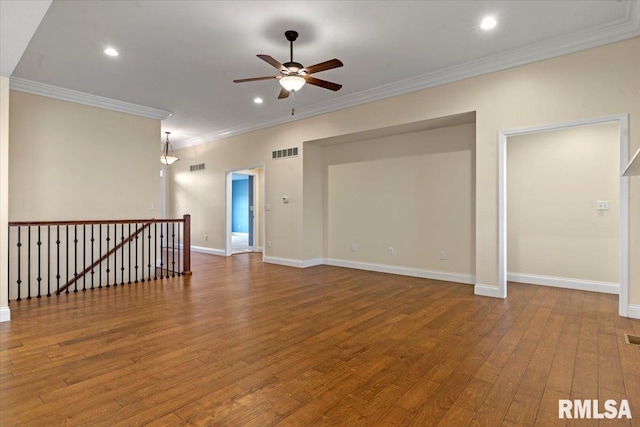1809 Spartan Dr, Chatham, IL 62629 - spare room with a ceiling fan, wood finished floors, crown molding, baseboards, and recessed lighting