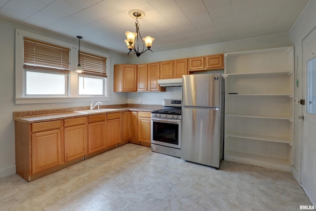 2911 Hampshire St, Quincy, IL 62301 - kitchen with stainless steel appliances, under cabinet range hood, a sink, a chandelier, and pendant lighting