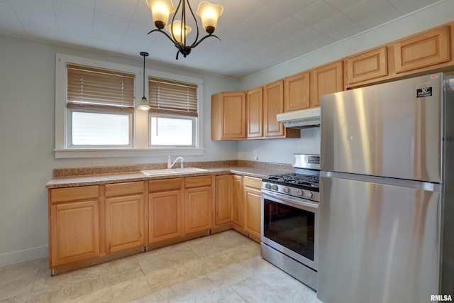 2911 Hampshire St, Quincy, IL 62301 - kitchen with stainless steel appliances, a sink, under cabinet range hood, a chandelier, and pendant lighting