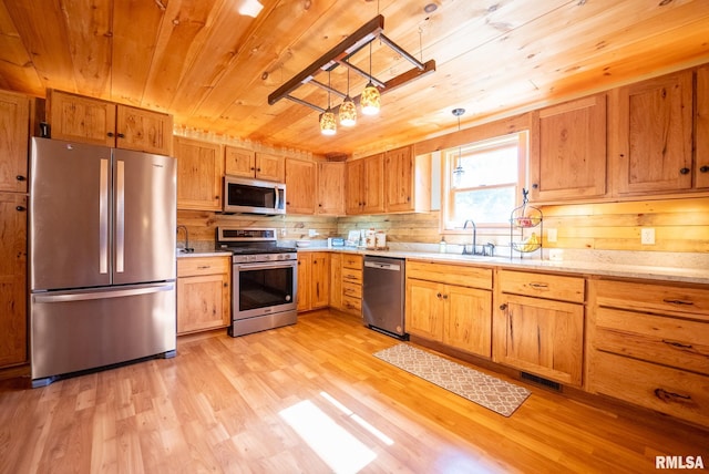 2061 N 425th St, Vandalia, IL 62471 - kitchen featuring stainless steel appliances, a sink, light wood-style flooring, wooden ceiling, and decorative backsplash
