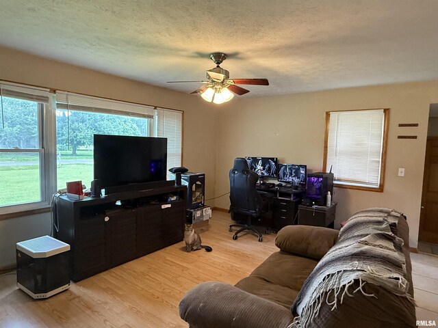 515 Morgan St, Chapin, IL 62628 - living area featuring a desk, a ceiling fan, light wood-type flooring, plenty of natural light, and a textured ceiling