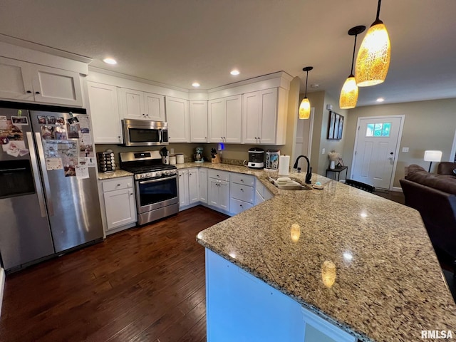 409 W Main St, Williamsville, IL 62693 - kitchen with stainless steel appliances, a peninsula, light stone countertops, open floor plan, and recessed lighting