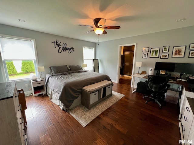 409 W Main St, Williamsville, IL 62693 - bedroom featuring a desk, dark wood-style floors, ceiling fan, and recessed lighting