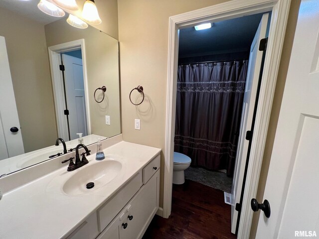 409 W Main St, Williamsville, IL 62693 - full bath featuring wood finished floors, vanity, and a shower with shower curtain